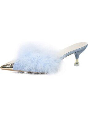 Women's Blue 1 Fluffy Feather High Heel Mules Slip-On Comfortable Pinted